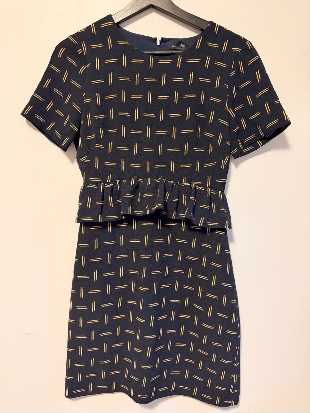 Navy Peplum Shift Dress with Matchstick Print